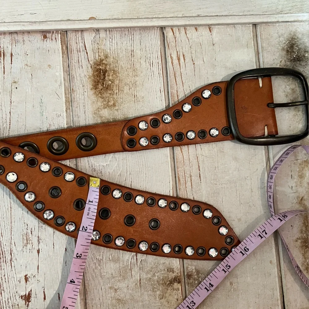 GAP Wide Tan Leather Studded Waist Belt with Crystal Accents